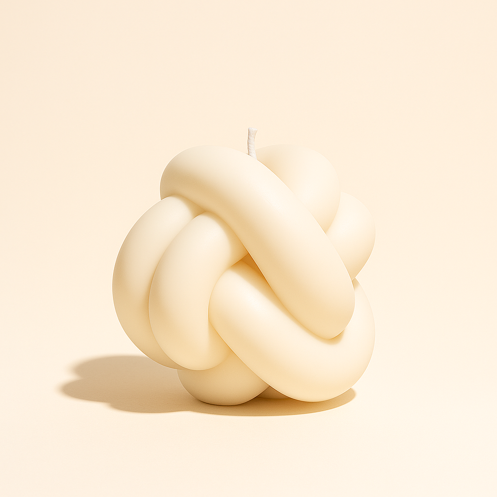 A large, cream-colored double knot candle with a sculptural design.