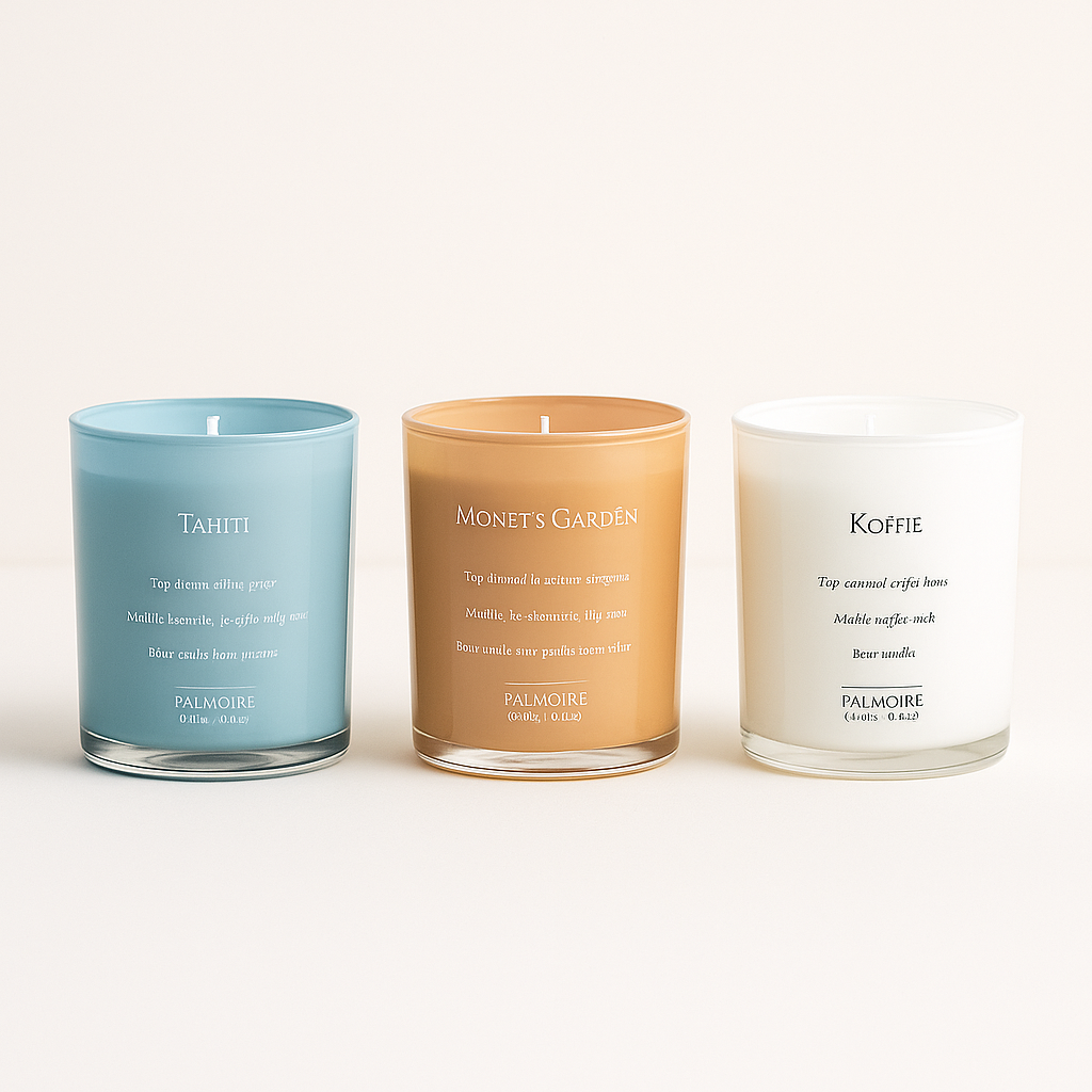 Three scented candles in glass jars: Tahiti, Monet's Garden, and Koffie.