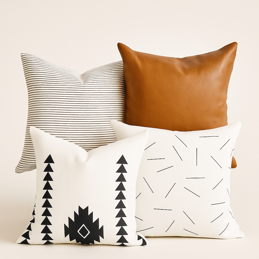 Set of 4 Throw Pillow Covers in Cotton-Linen and Faux Leather.