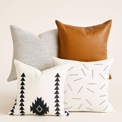 Set of 4 Throw Pillow Covers in Cotton-Linen and Faux Leather.