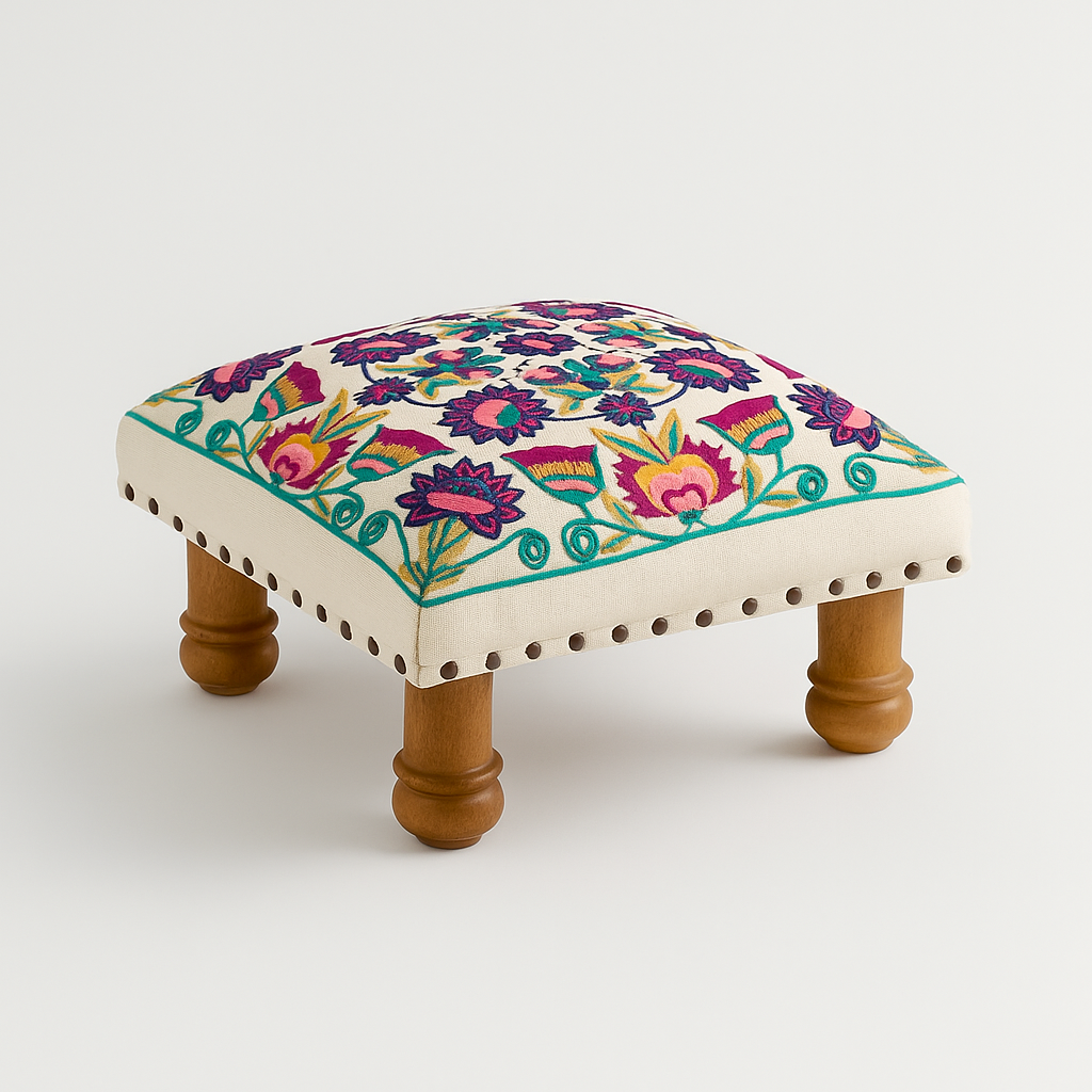 Handcrafted Floral Embroidered Wooden Stool
