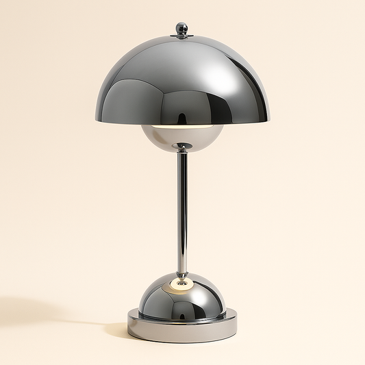 Chrome table lamp with a twin dome silhouette.