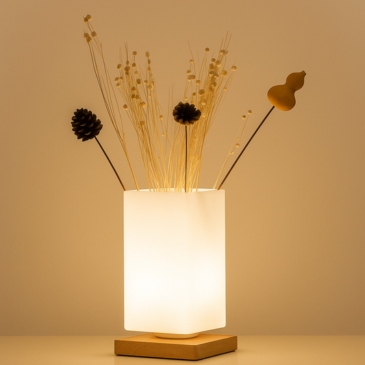 Dimmable frosted glass vase table lamp with a wooden base and dried floral accents.