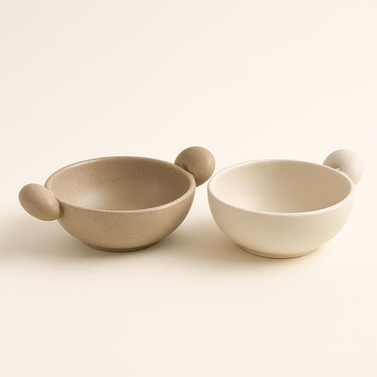 Ceramic Ear Bowls in Sandy and Glacier Glaze.