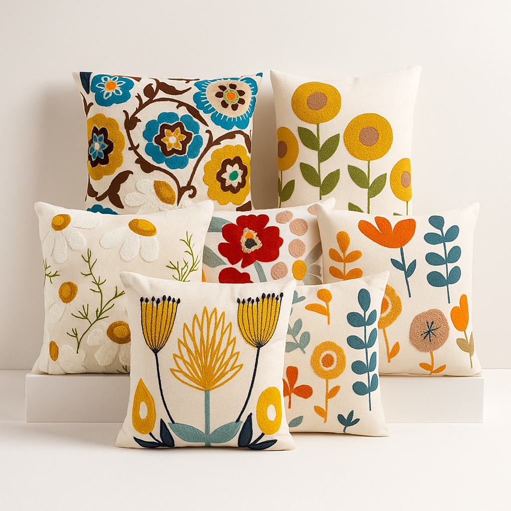 Seven embroidered throw pillows with floral designs in various colors.