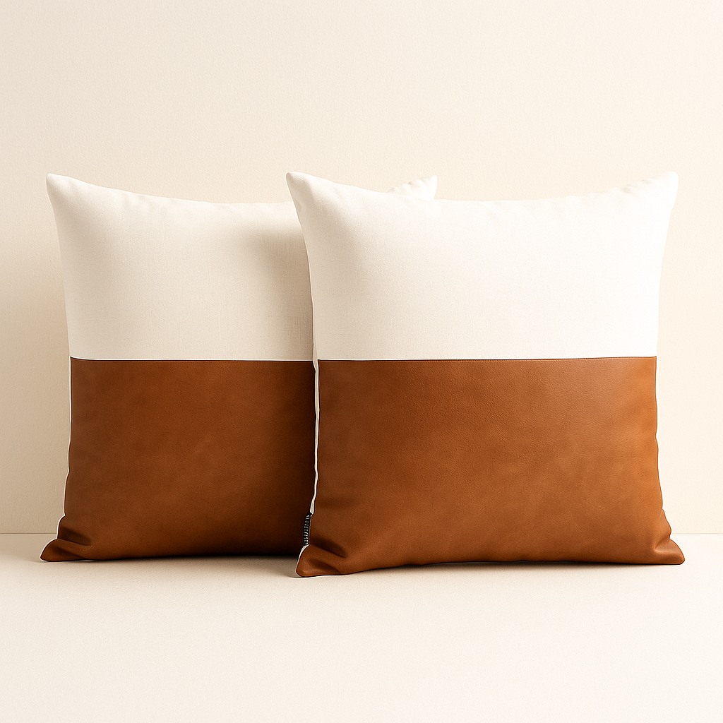 Two brown and white pillows on a light background