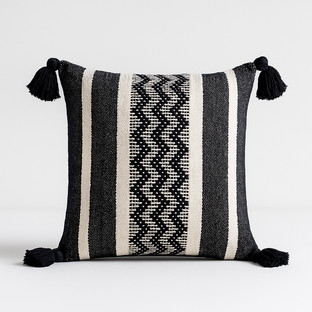 Handmade Oaxacan tweed accent pillow cover with black and tan stripes and corner tassels.