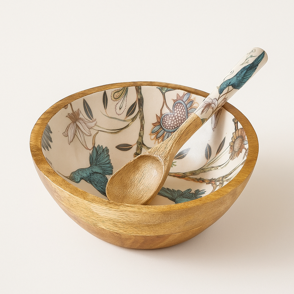 Bohemian hummingbird mango wood bowl with spoon.