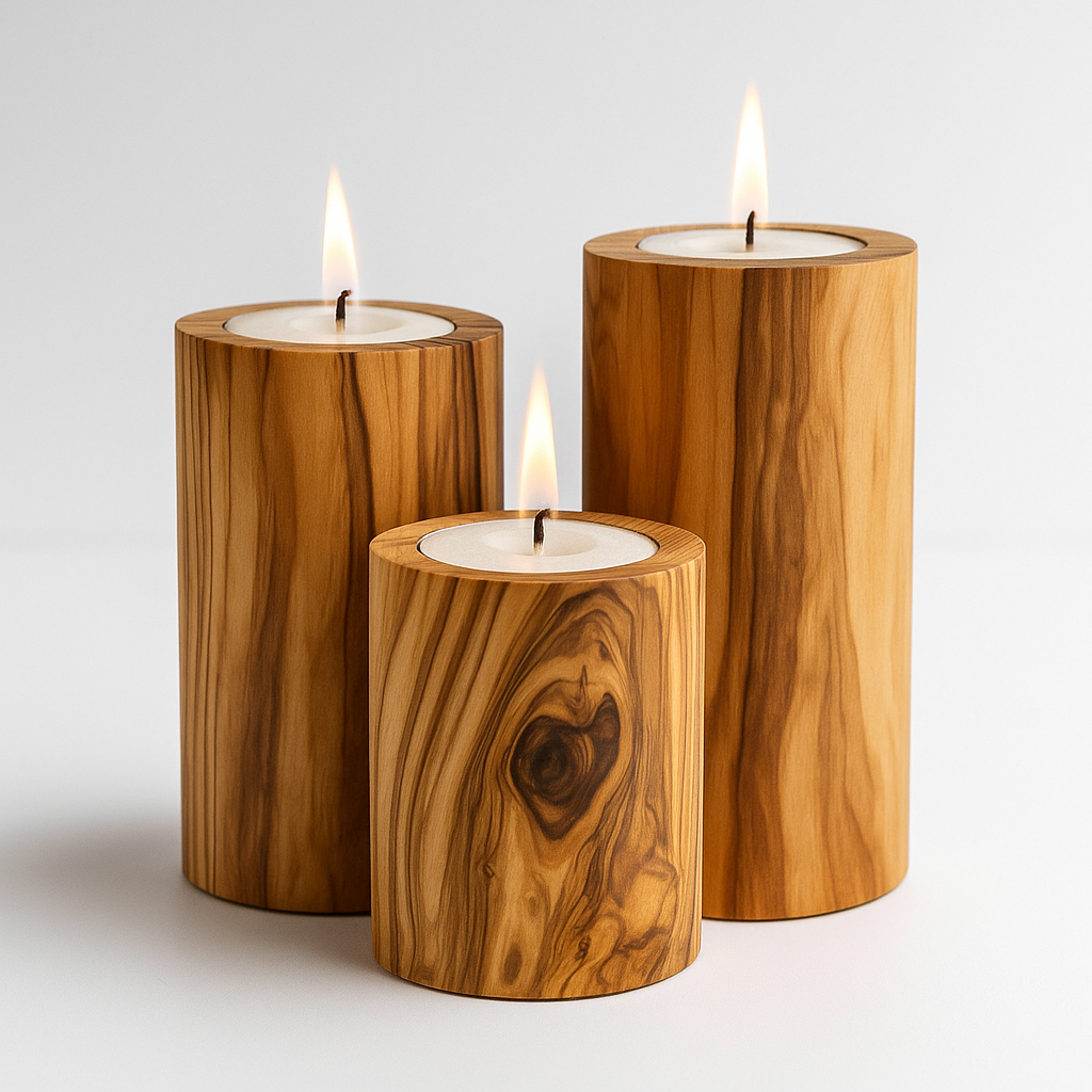 Set of three graduated olive wood candle holders with lit candles.