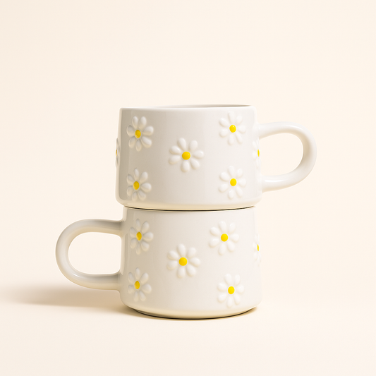 Two white ceramic mugs with daisy flower designs on a beige background