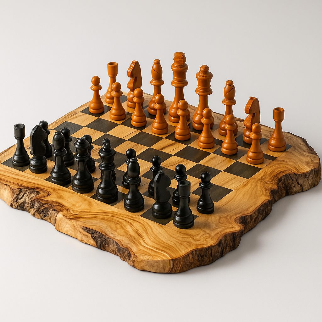 Handmade Olive Wood Chess Set with Natural Edges.