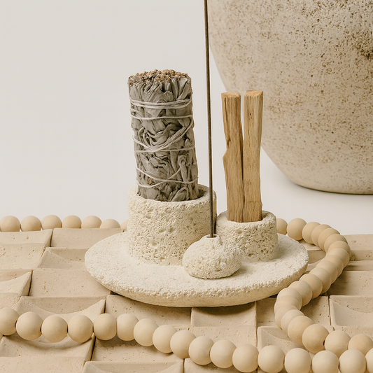 Ceramic incense holder with incense sticks and beads on a neutral background