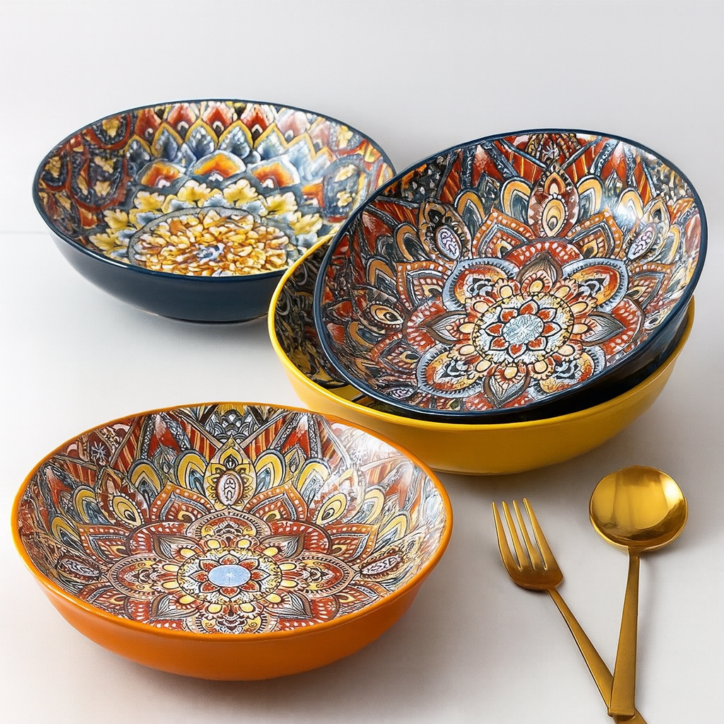 Boho Floral Ceramic Dinner Plates - Set of 4