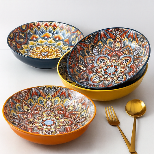 Boho Floral Ceramic Dinner Plates - Set of 4