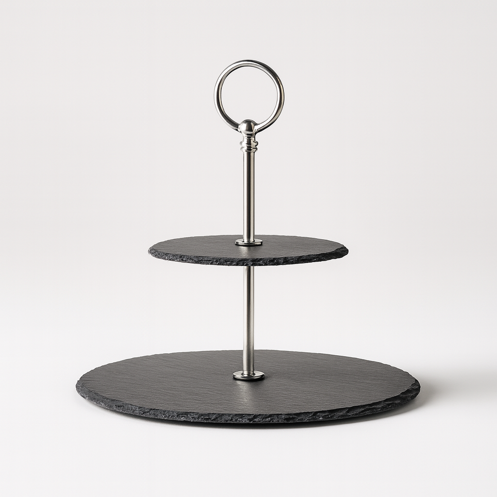 Three-tiered slate stand with metal holder on a white background