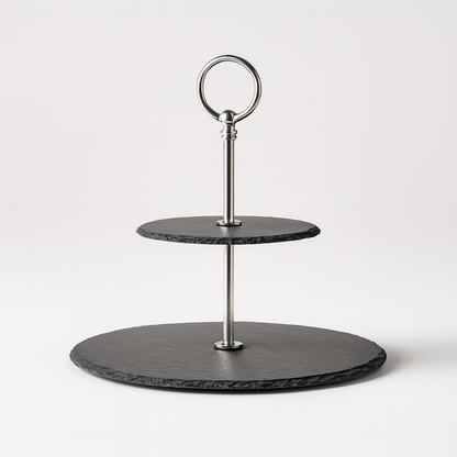 Three-tiered slate stand with metal holder on a white background