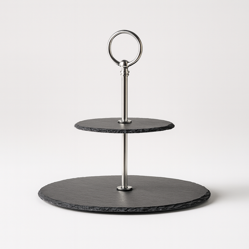 Three-tiered slate stand with metal holder on a white background