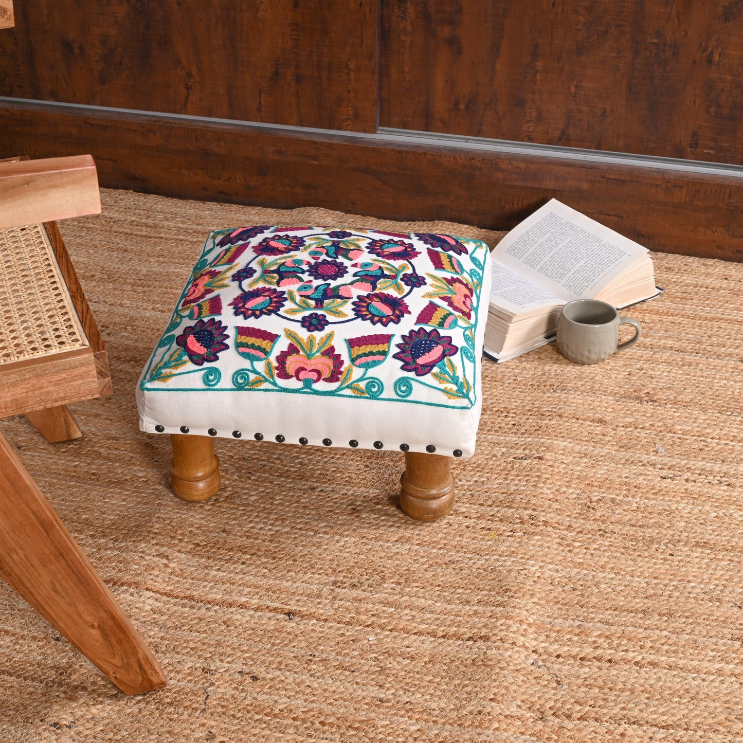 Handcrafted Floral Embroidered Wooden Stool