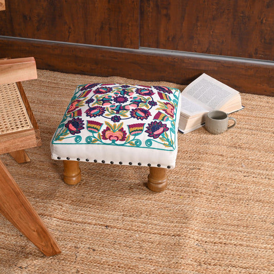 Handcrafted Floral Embroidered Wooden Stool