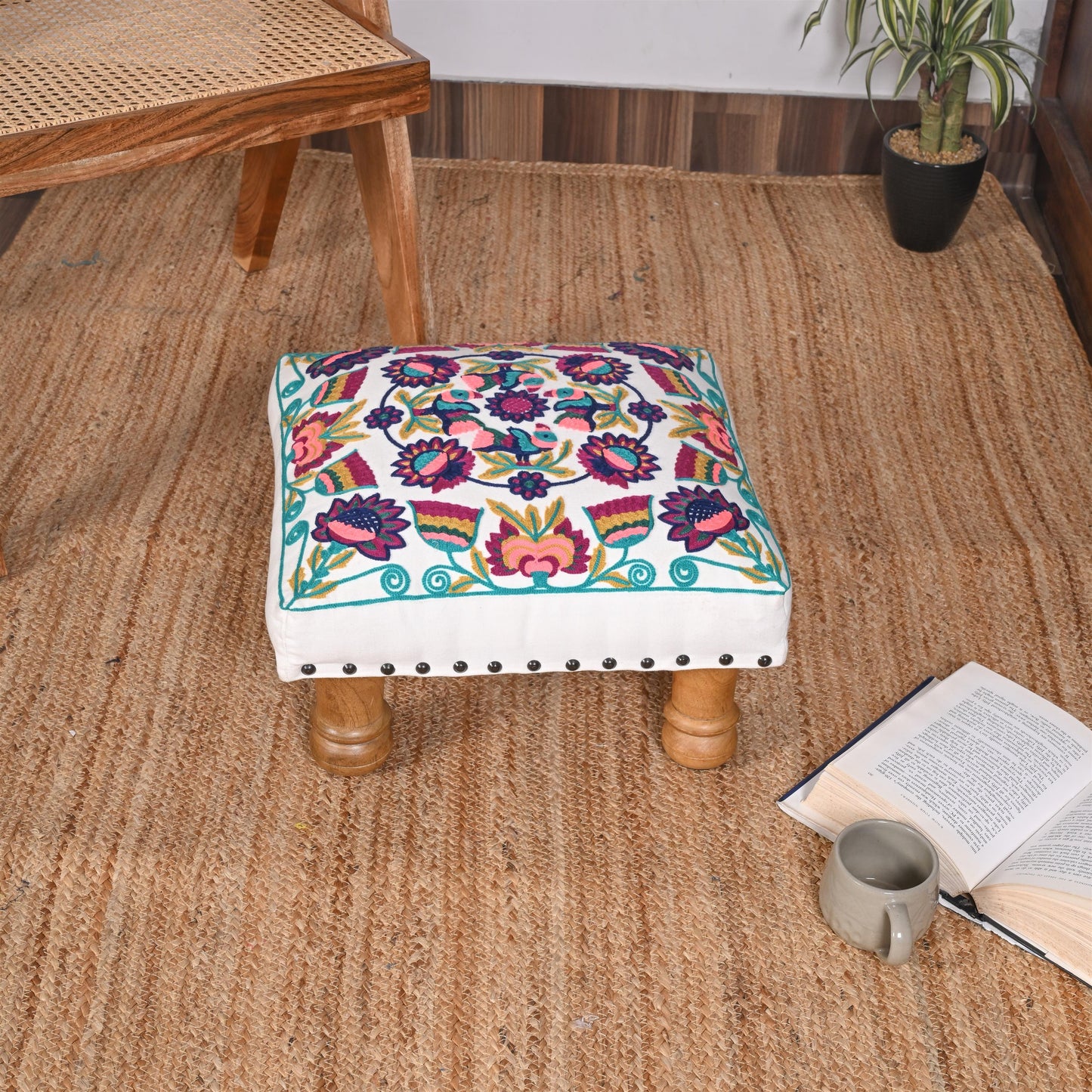 Handcrafted Floral Embroidered Wooden Stool