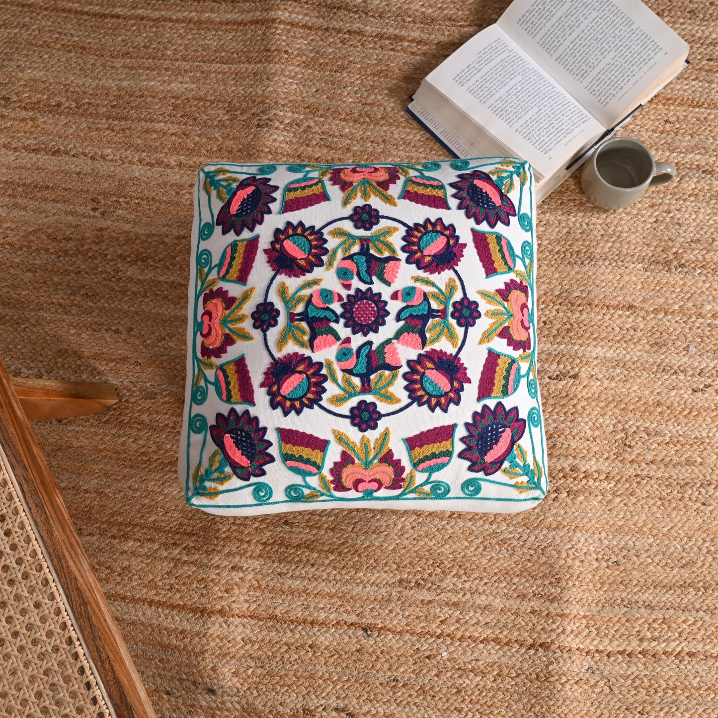 Handcrafted Floral Embroidered Wooden Stool