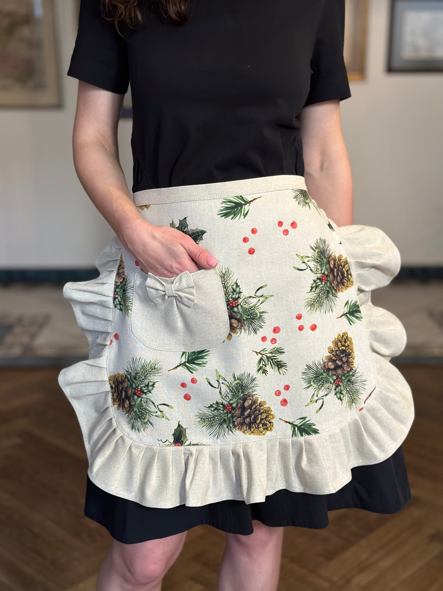 Handmade Christmas Half Apron with Beige Frill