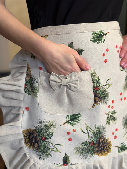 Handmade Christmas Half Apron with Beige Frill