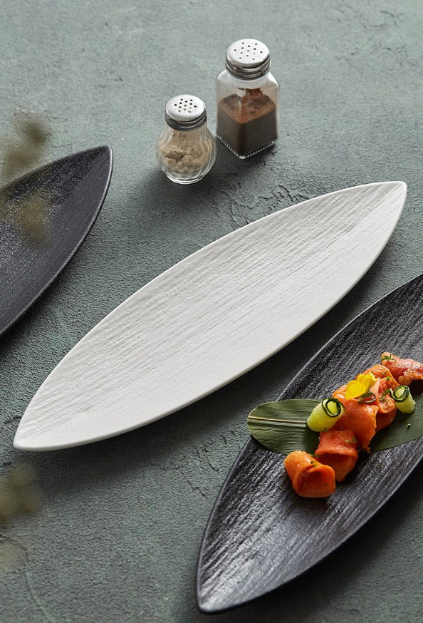 Leaf-Shaped Ceramic Serving Plate - Long Textured Dish.