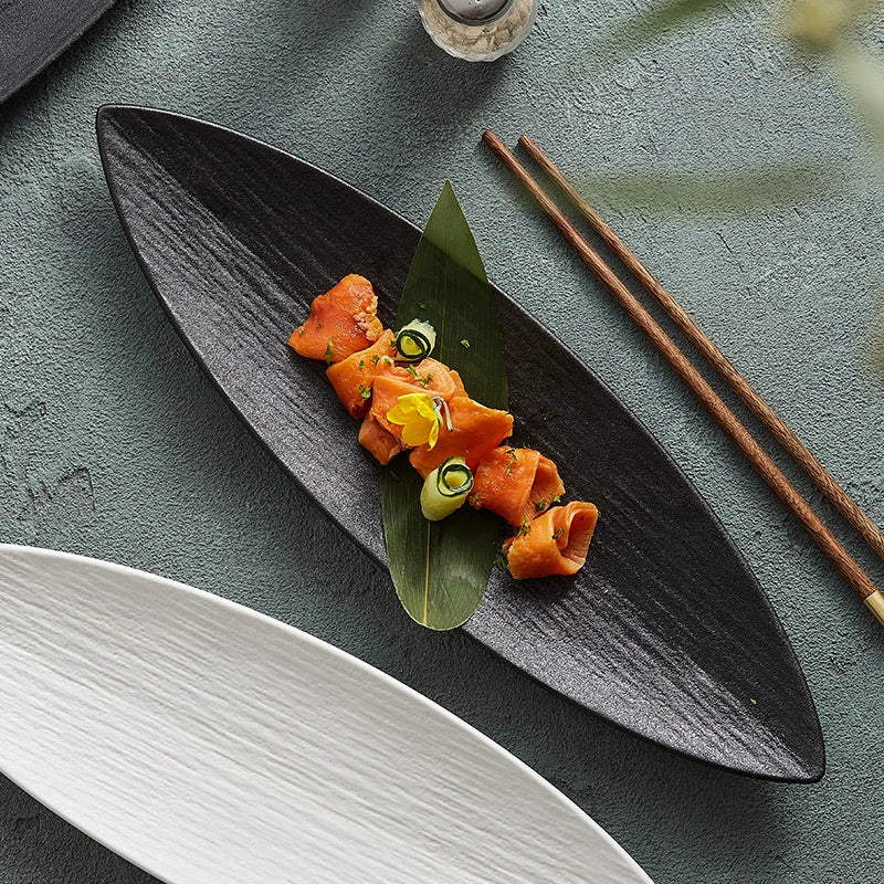 Leaf-Shaped Ceramic Serving Plate - Long Textured Dish.