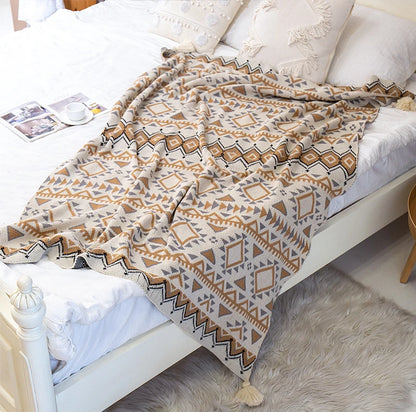 Cotton Throw Blanket - Knitted Geometric Pattern in 100% Cotton