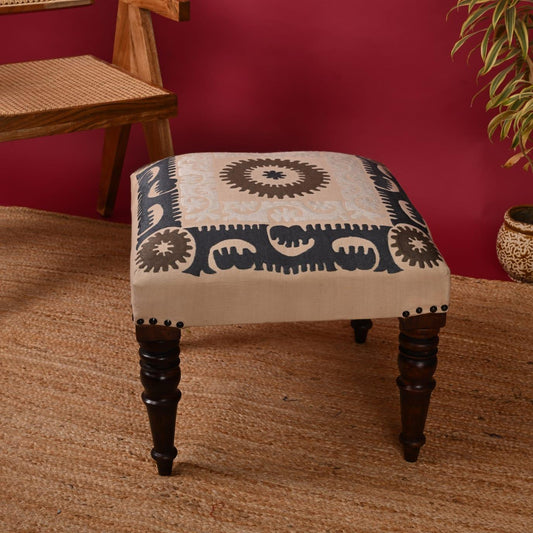 Handcrafted Wooden Ottoman with Chikan Embroidery
