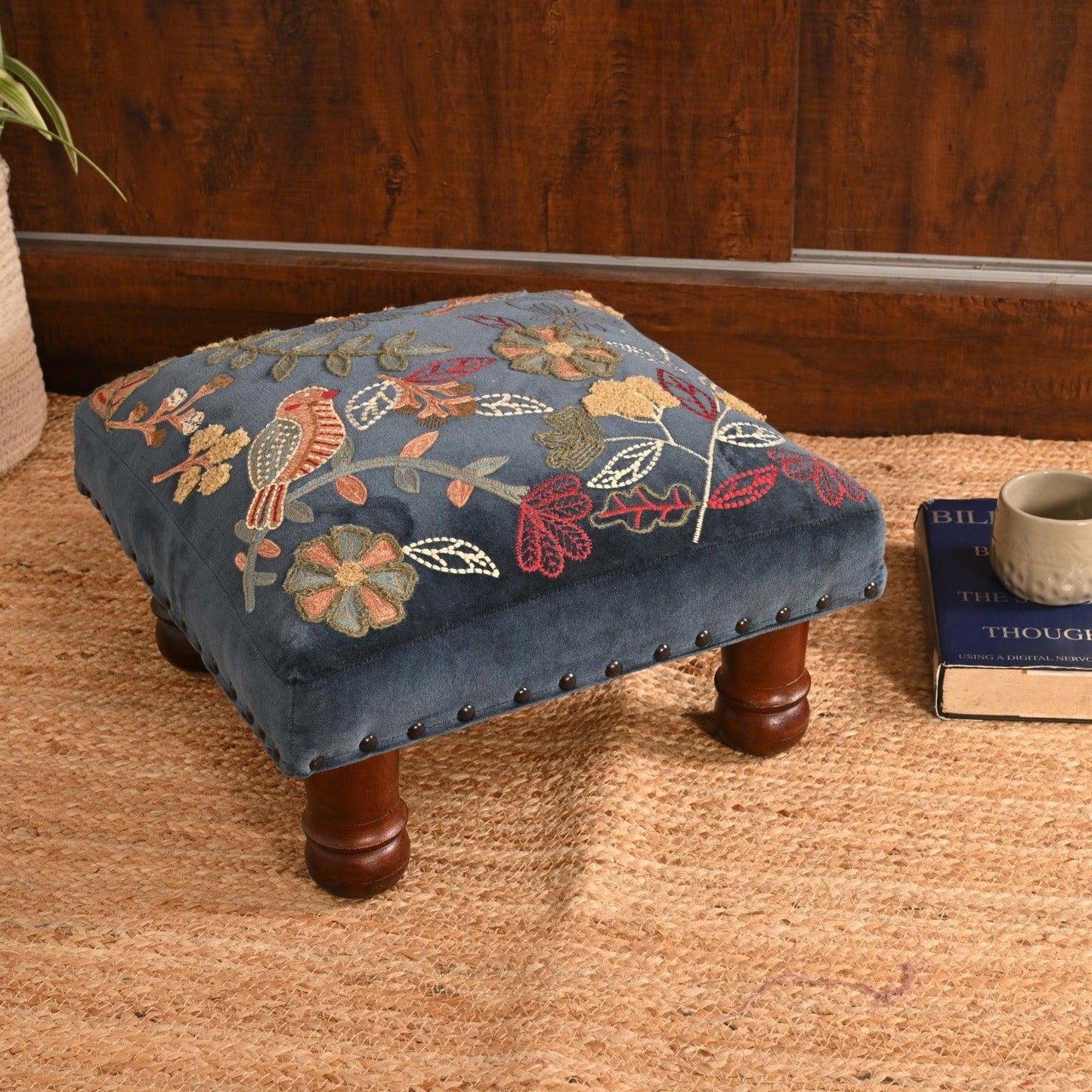 Handcrafted Velvet Embroidered Footstool - Sahaj Hast