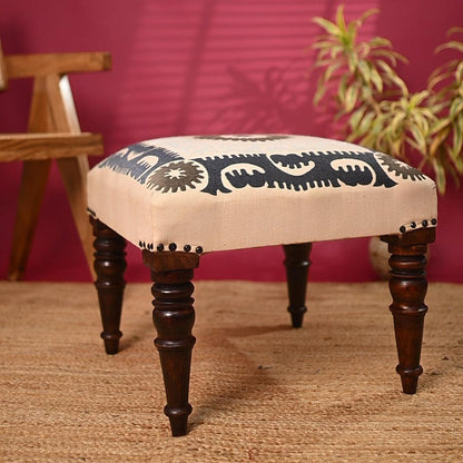 Handcrafted Wooden Ottoman with Chikan Embroidery