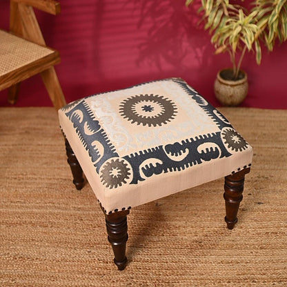 Handcrafted Wooden Ottoman with Chikan Embroidery