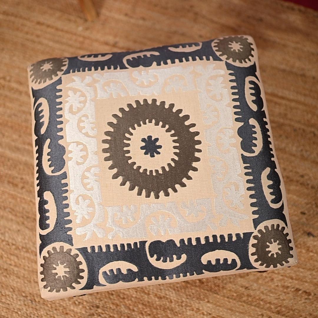 Handcrafted Wooden Ottoman with Chikan Embroidery