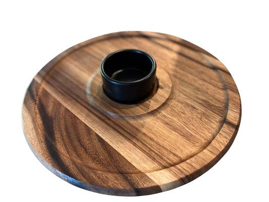Acacia Wood Chip 'n Dip with Black Ceramic Bowl - The Gift Shop