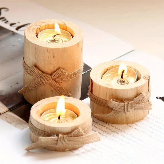 Elegant Wooden Cylindrical Candlesticks Set of 3 - The Gift Shop