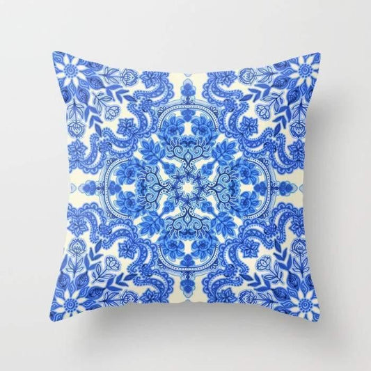 Cobalt Blue & China White Folk Art Pillow Cover - 16’’ x 16’’ - Textiles & Pillows