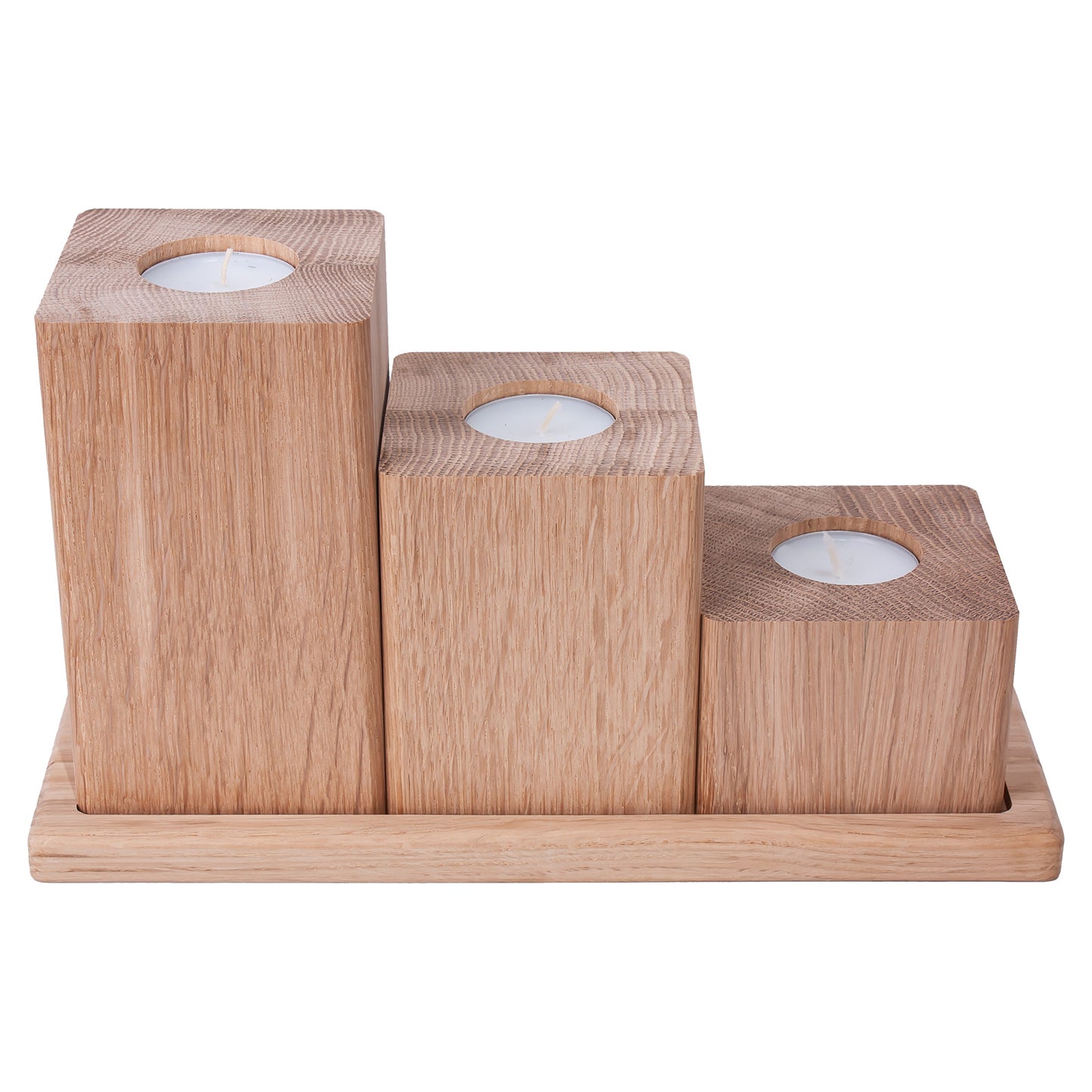 Set of 3 square oak candlesticks with a tray