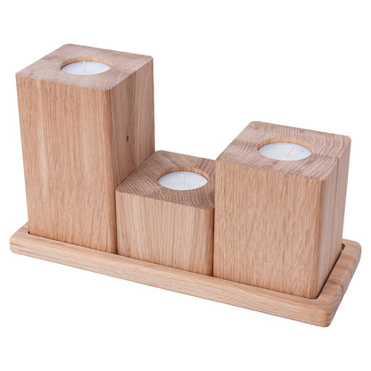 Set of 3 square oak candlesticks with a tray