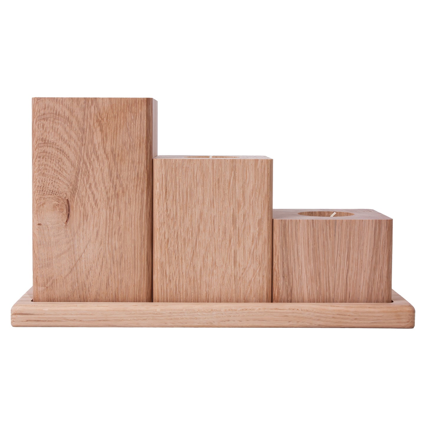 Set of 3 square oak candlesticks with a tray