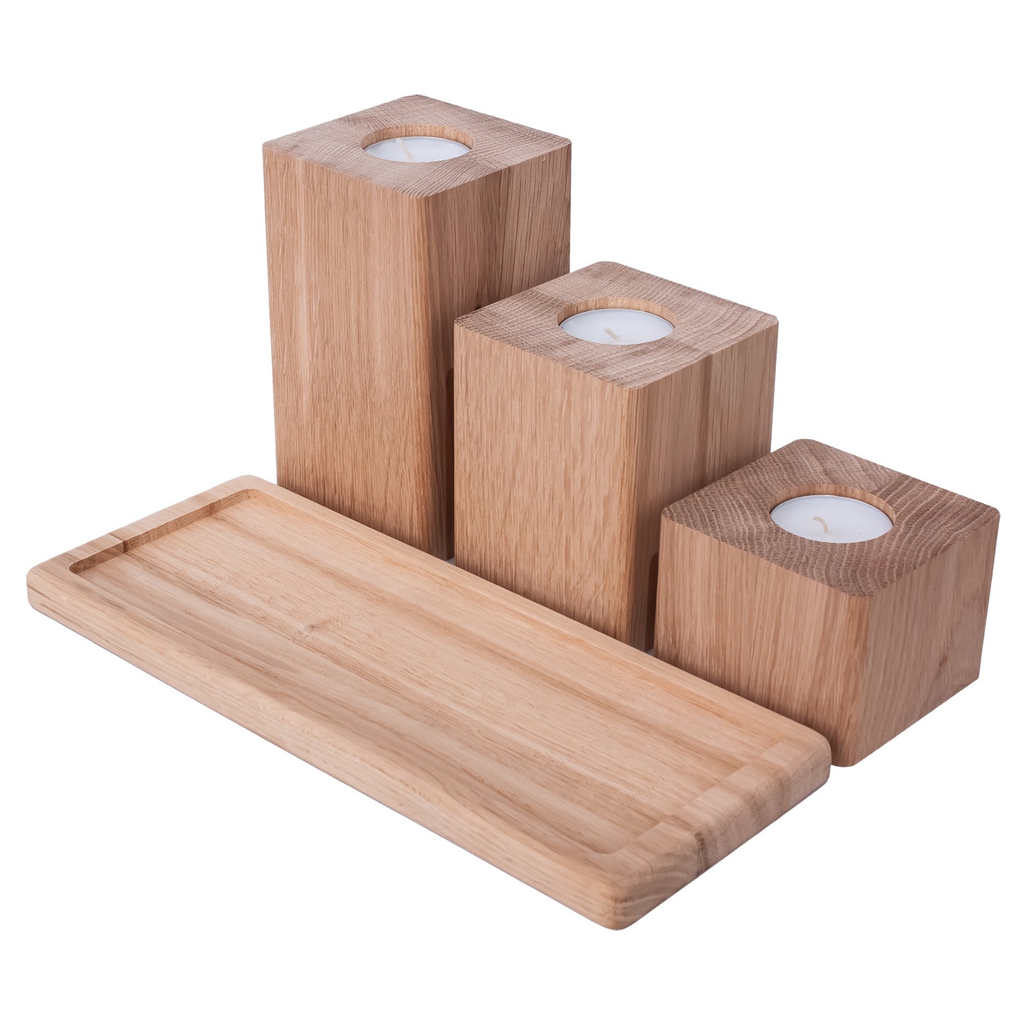 Set of 3 square oak candlesticks with a tray
