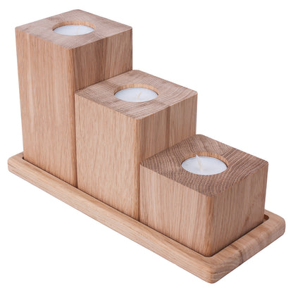 Set of 3 square oak candlesticks with a tray