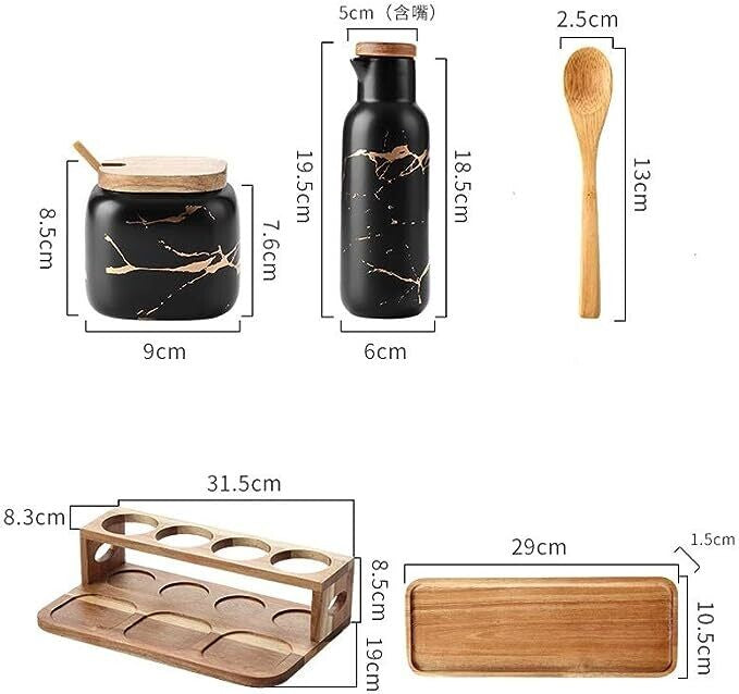 Measurement chart of kitchen items including a black container, water bottle, wooden spoon, and cutting board.