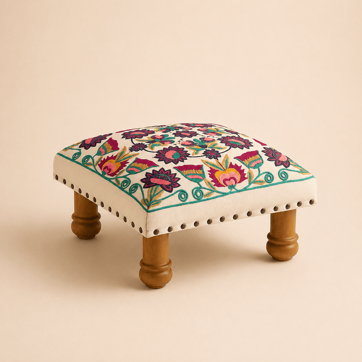 Handcrafted Floral Embroidered Wooden Stool
