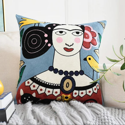 Frida-Inspired Embroidered Pillow Cover