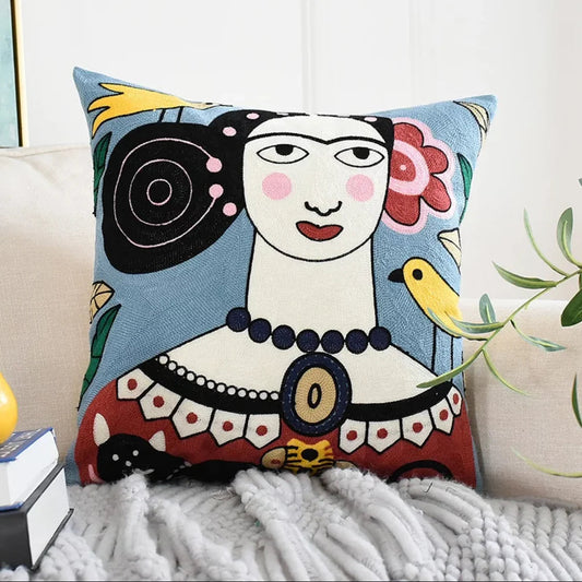 Frida-Inspired Embroidered Pillow Cover