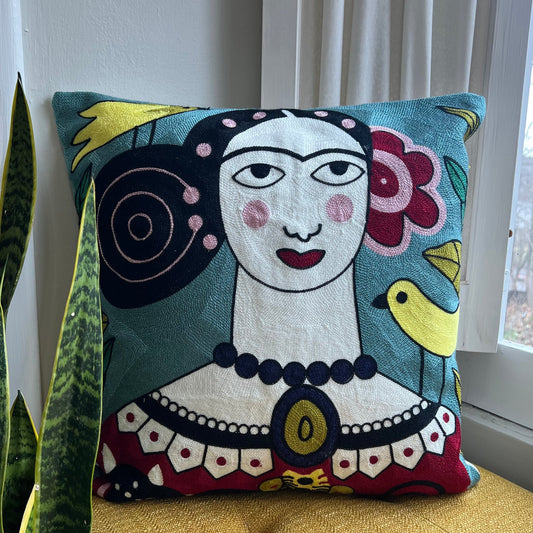 Frida-Inspired Embroidered Pillow Cover