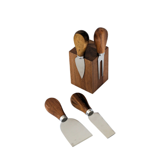 Acacia Wood Block Cheese Tools Set – 4-Piece Essential Set - The Gift Shop