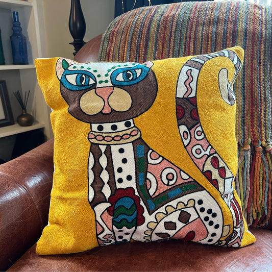 Gold Abstract Cat Embroidered Pillow Cover – Cat Lovers Collection